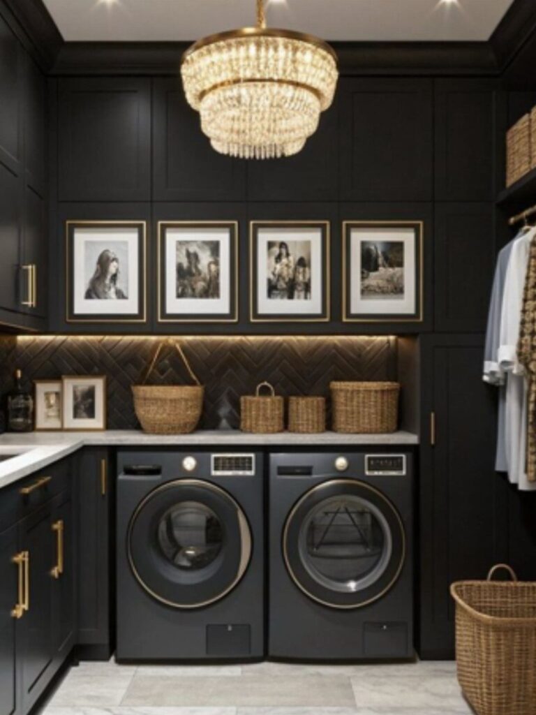 Black cabinets and laundry machines in a luxury room with gold accents.