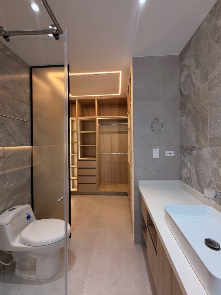 Modern bathroom with a white sink and toilet leading into a built-in wooden closet.