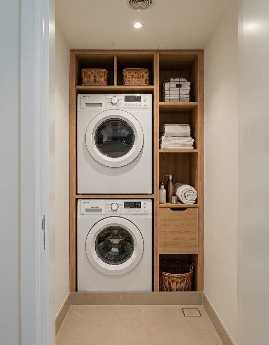 Stacked white washer and dryer installed in a wooden closet with storage shelves.