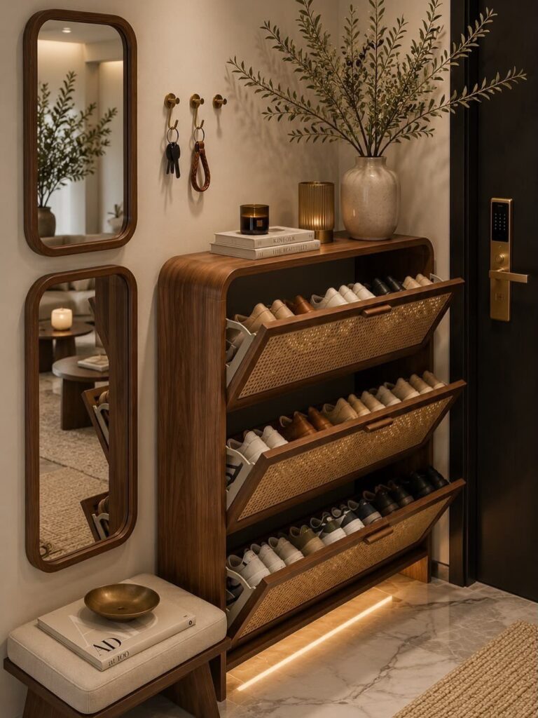 Wooden shoe storage cabinet with woven drawers located in a modern home entryway.