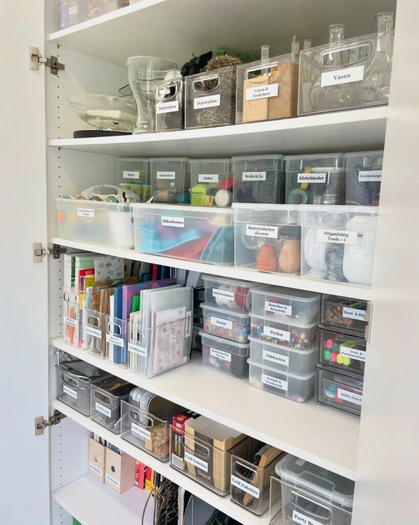 Clear plastic storage bins organized on white shelves containing various craft supplies.