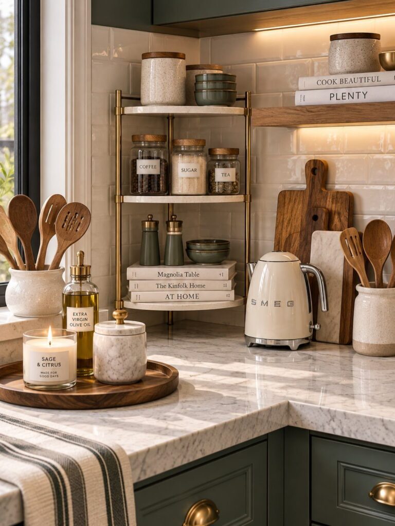 Gold tiered countertop shelf holding jars and books in a bright marble kitchen.