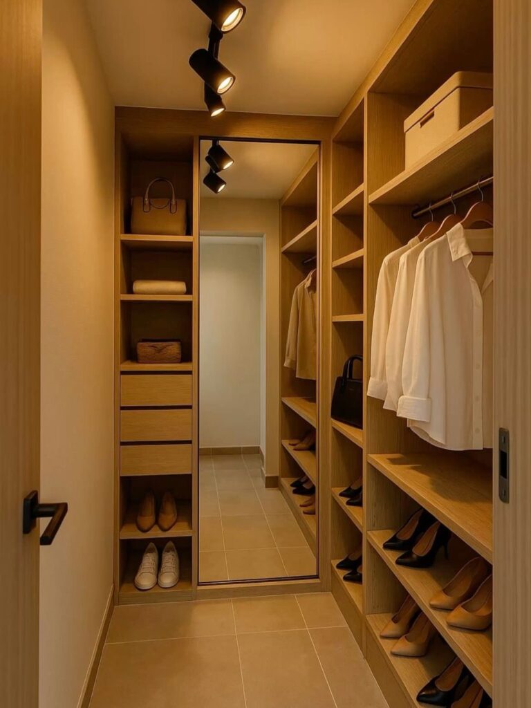 Light wood walk-in closet storage wall with shelves, drawers, and hanging clothes.