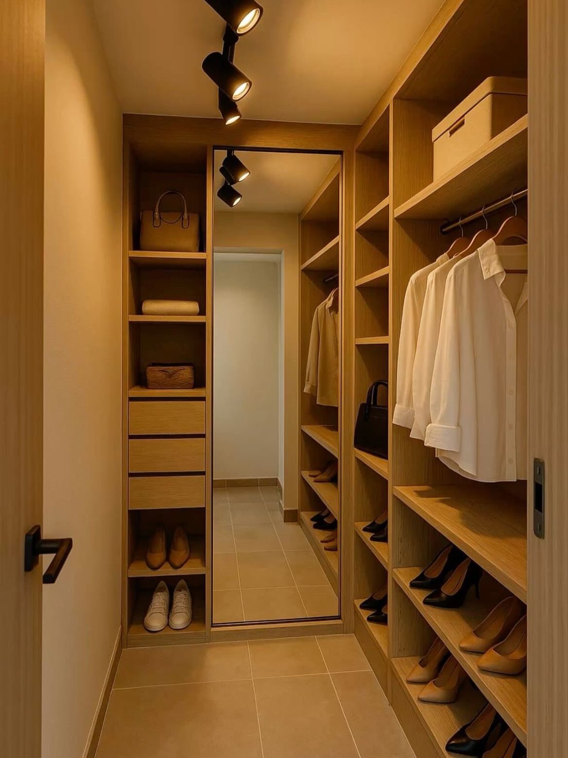 Light wood walk-in closet storage wall with shelves, drawers, and hanging clothes.