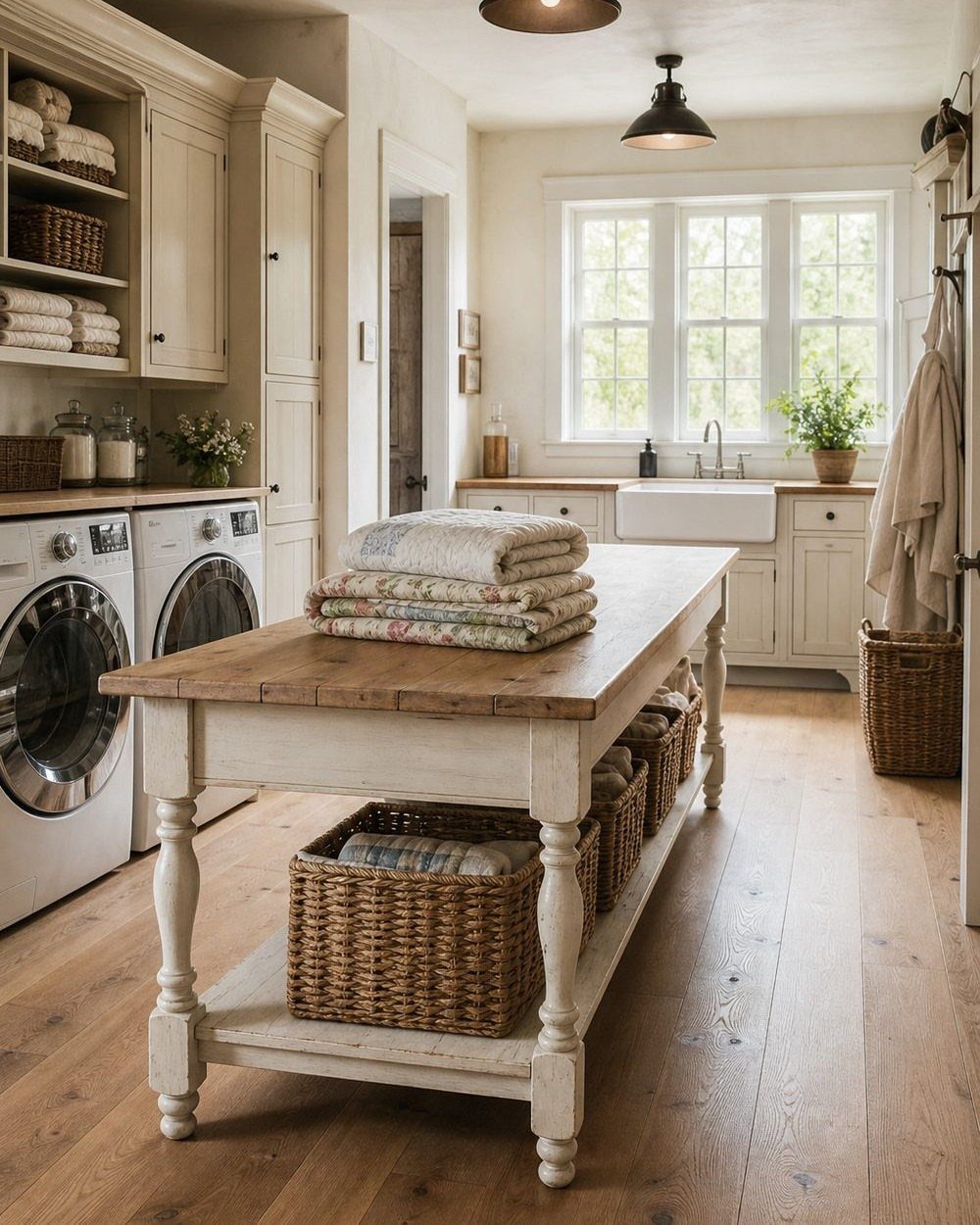 Wooden folding table with wicker baskets in a bright, rustic laundry room