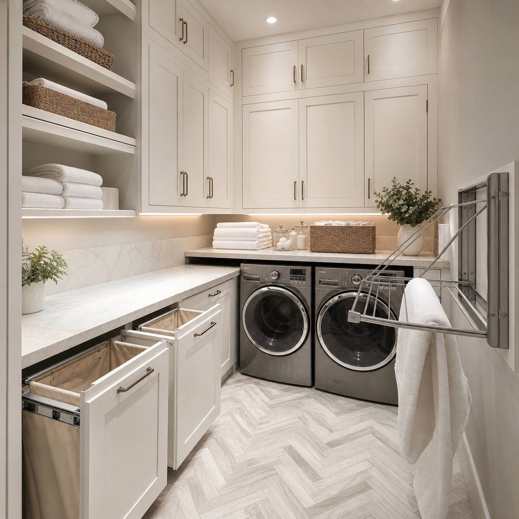 White laundry room with marble folding counter, grey machines, and pull-out hampers.