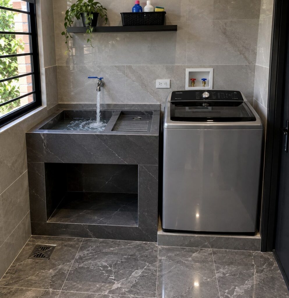 Deep grey marble utility sink with running water next to a washing machine.