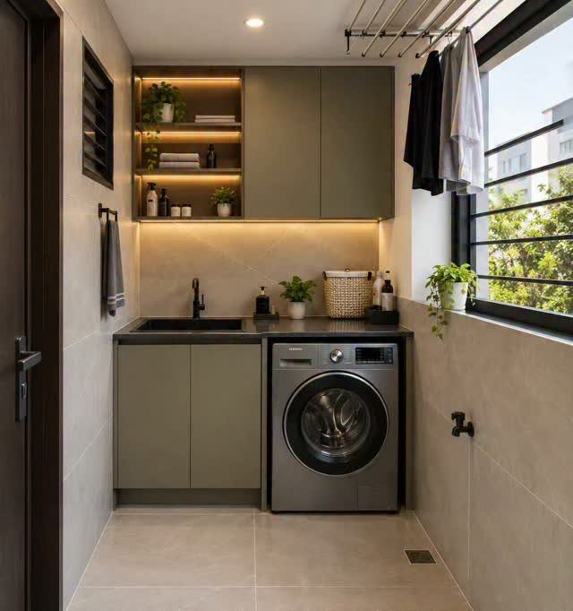 Modern laundry room with olive green cabinets, silver washing machine, and beige tiles.