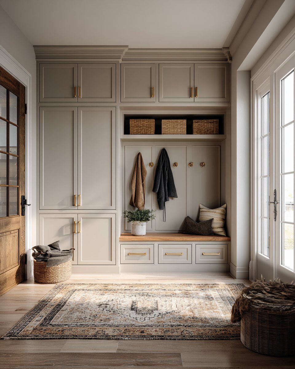 Built-in grey mudroom unit with wooden bench, storage cubbies, and hanging coat hooks.