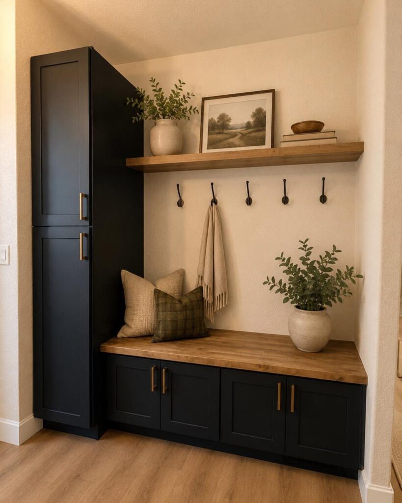 Black mudroom storage cabinets with a wooden bench top and wall-mounted hooks.