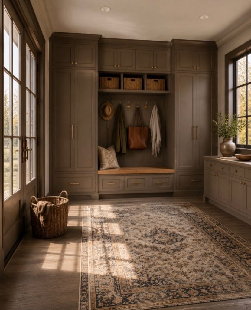 Taupe-grey built-in mudroom unit with a wooden bench, cabinets, and patterned rug.