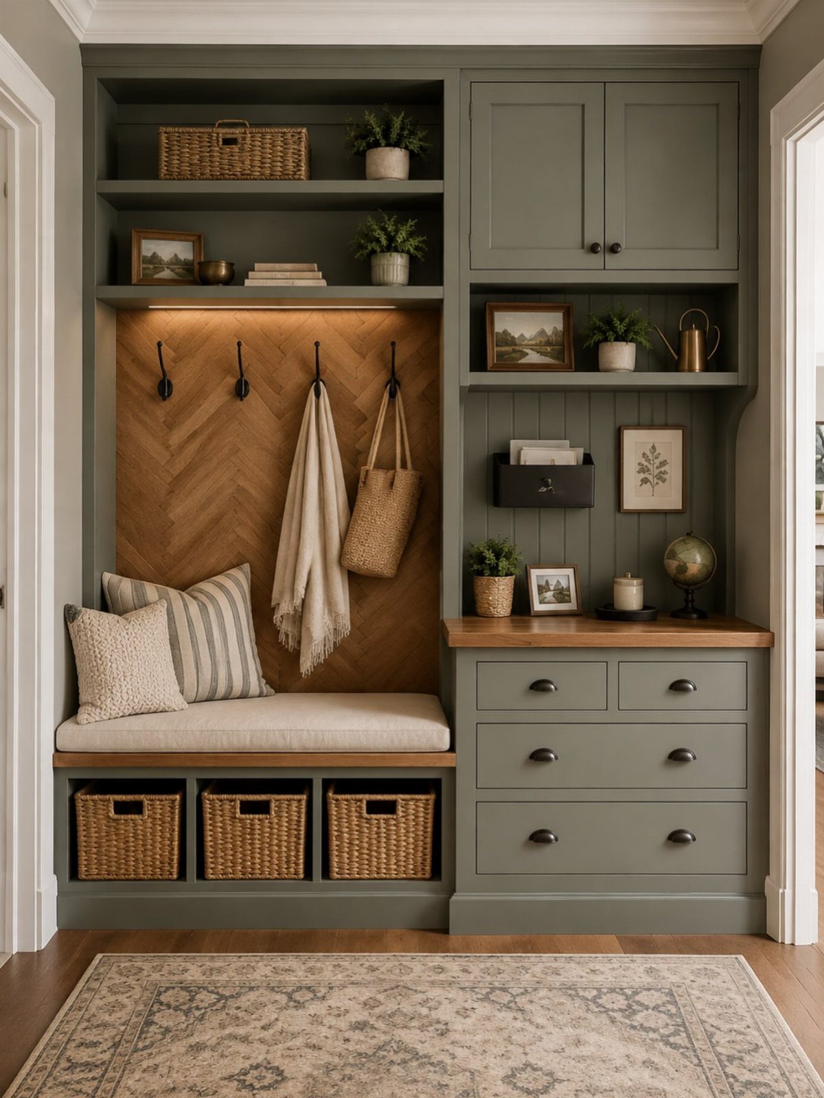 Sage green mudroom unit with wooden bench, black hooks, and woven storage baskets.