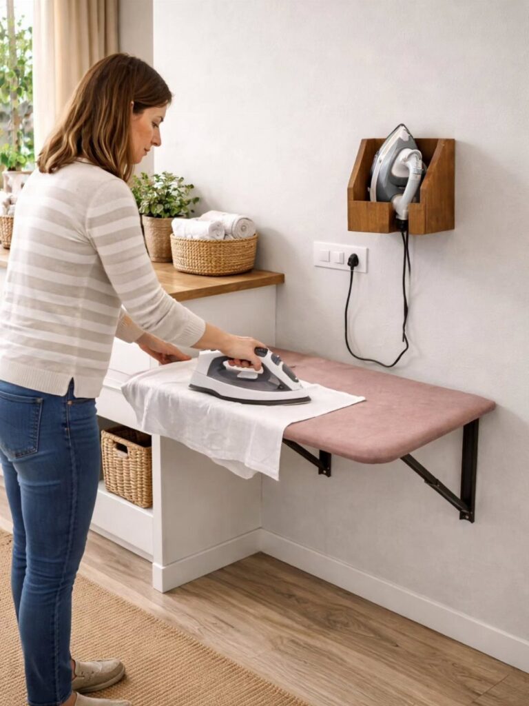 Woman ironing clothes on a pink wall-mounted fold-down ironing board in a laundry room.