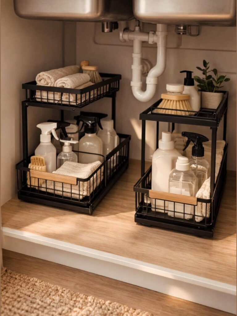 Black metal sliding organizers under a bathroom sink holding towels and cleaning bottles.