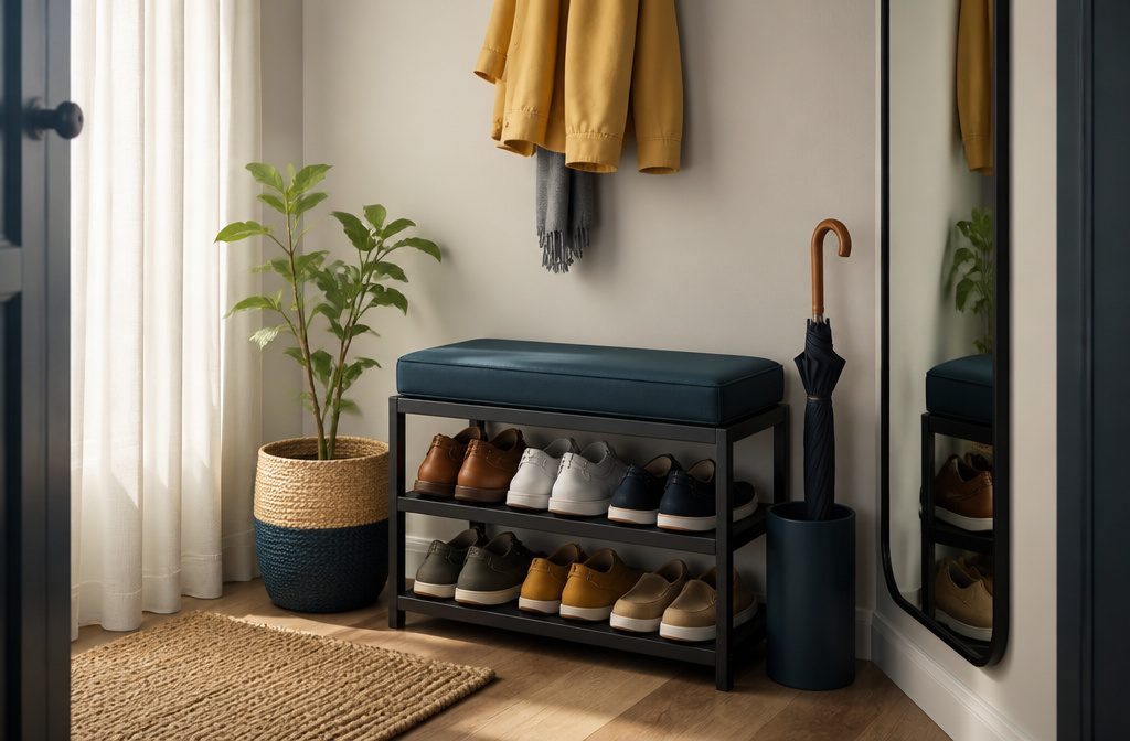 Cozy apartment entryway with a shoe rack and seat bathed in morning light