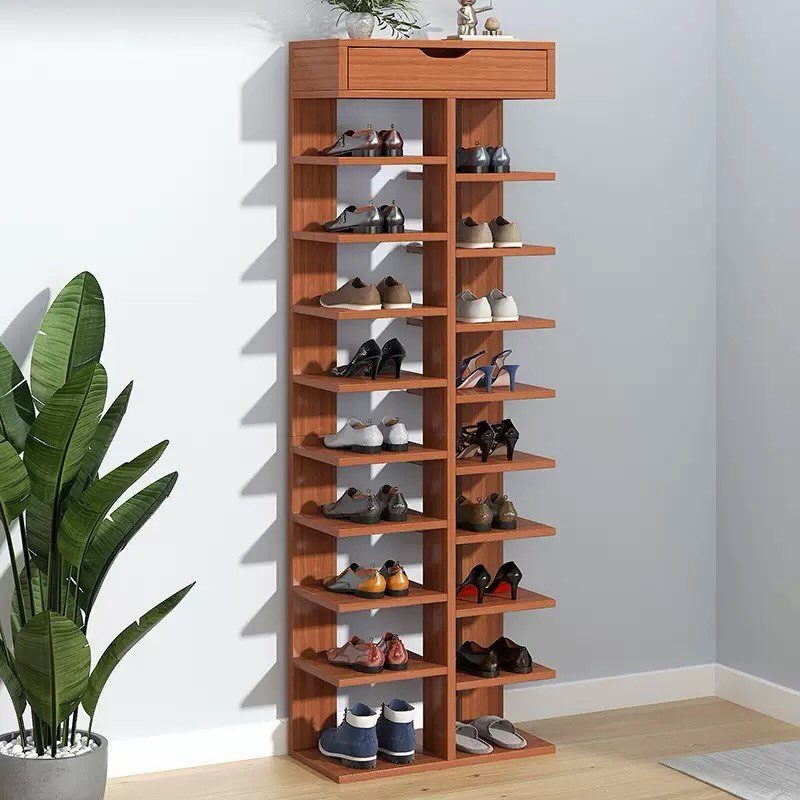 Tall wooden vertical shoe rack with multiple shelves and a top storage drawer.