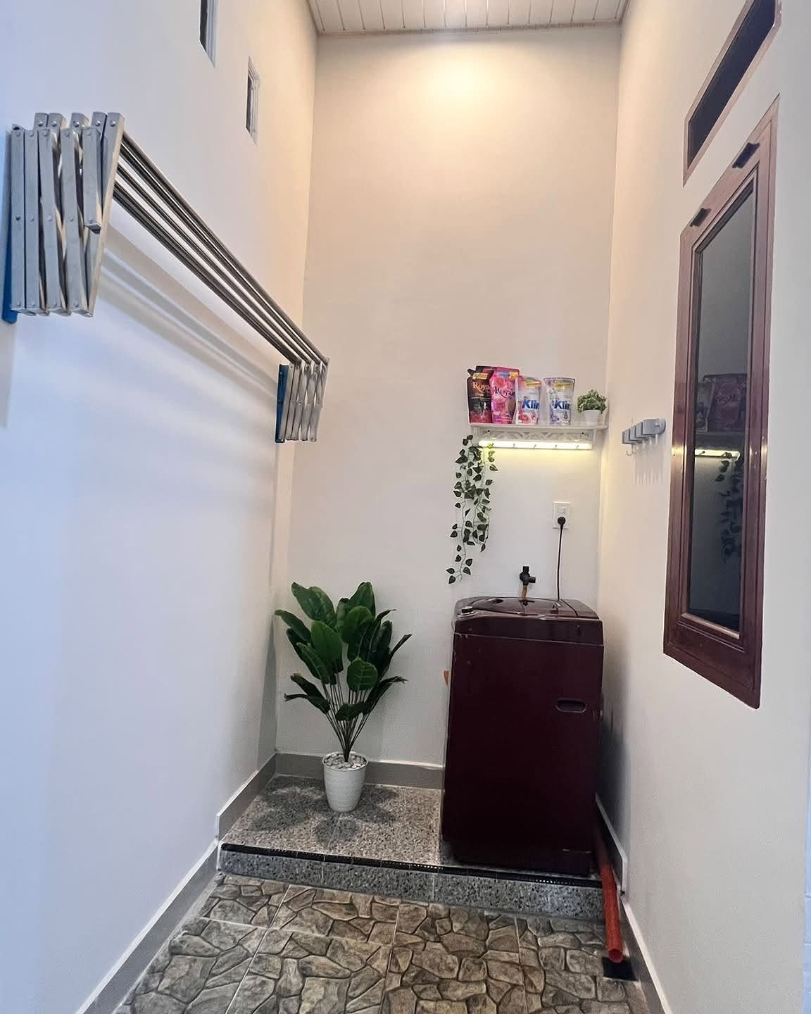 Small laundry area with a brown tub, wall-mounted drying rack, and potted plant.
