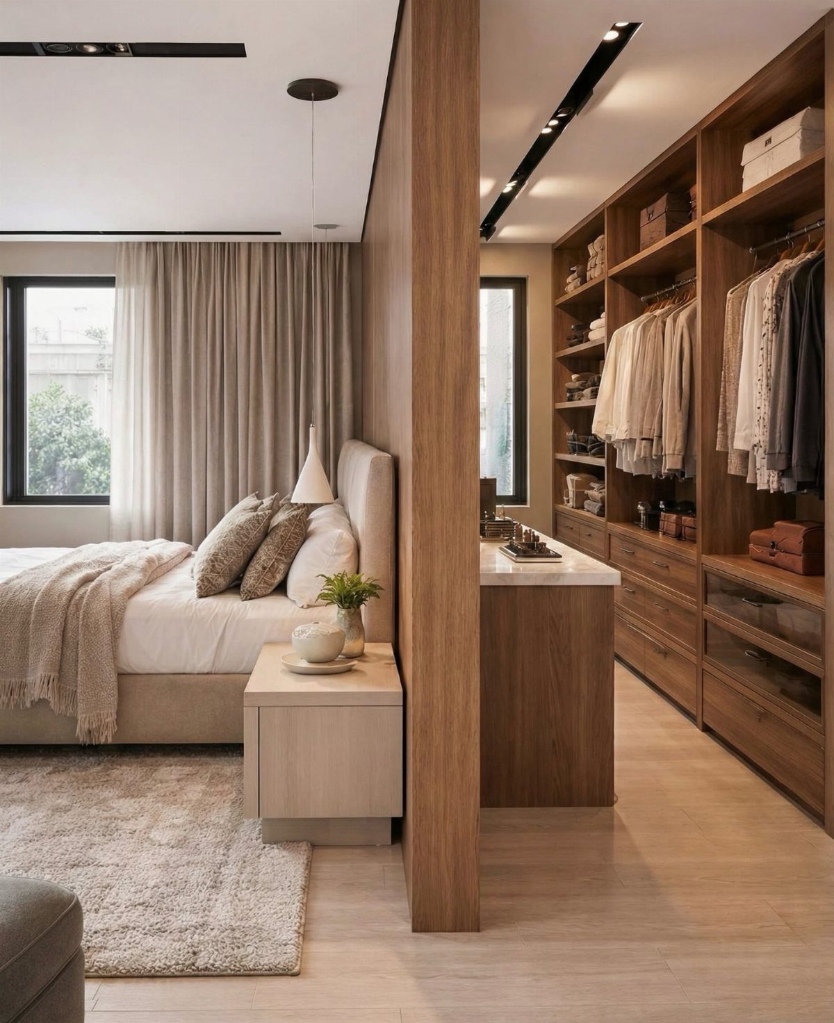 Modern bedroom with a wooden partition separating the sleeping area from a walk-in closet.