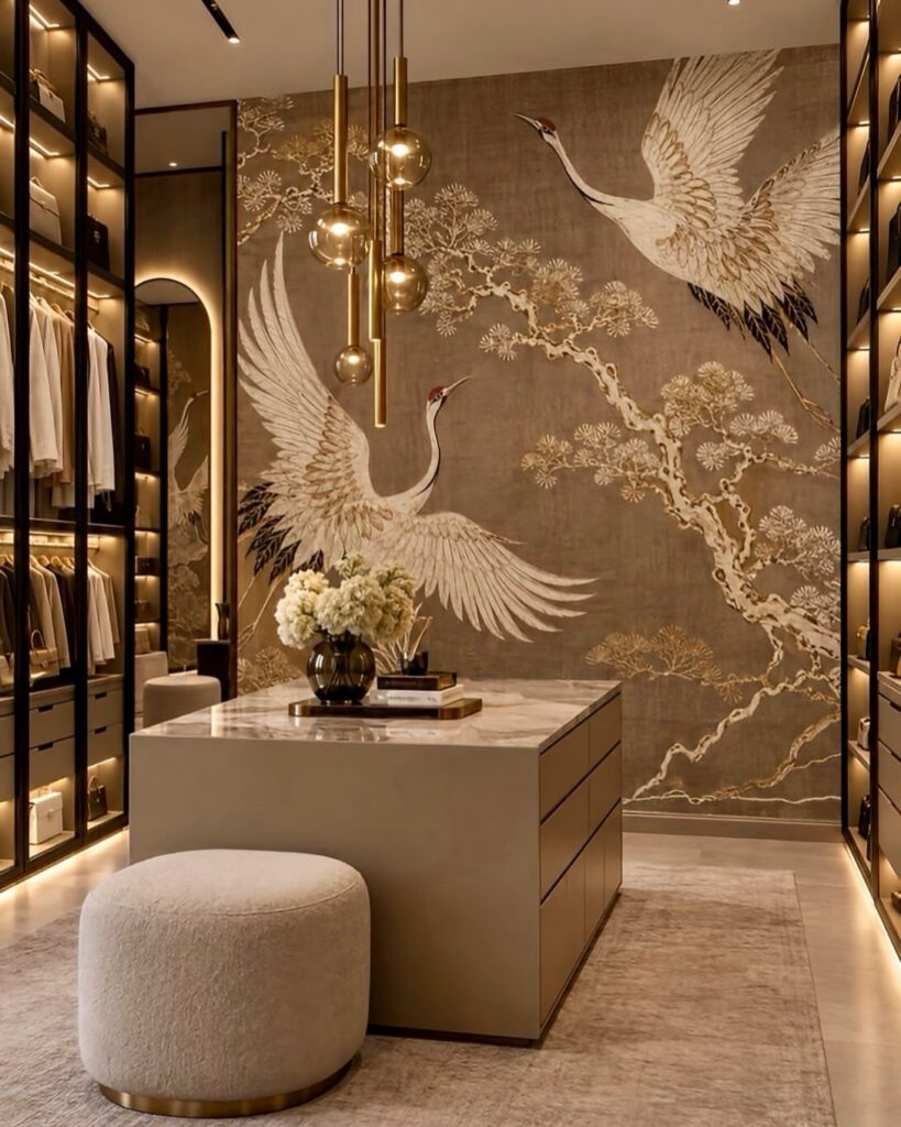 Large crane wall mural in a luxury walk-in closet with marble island.