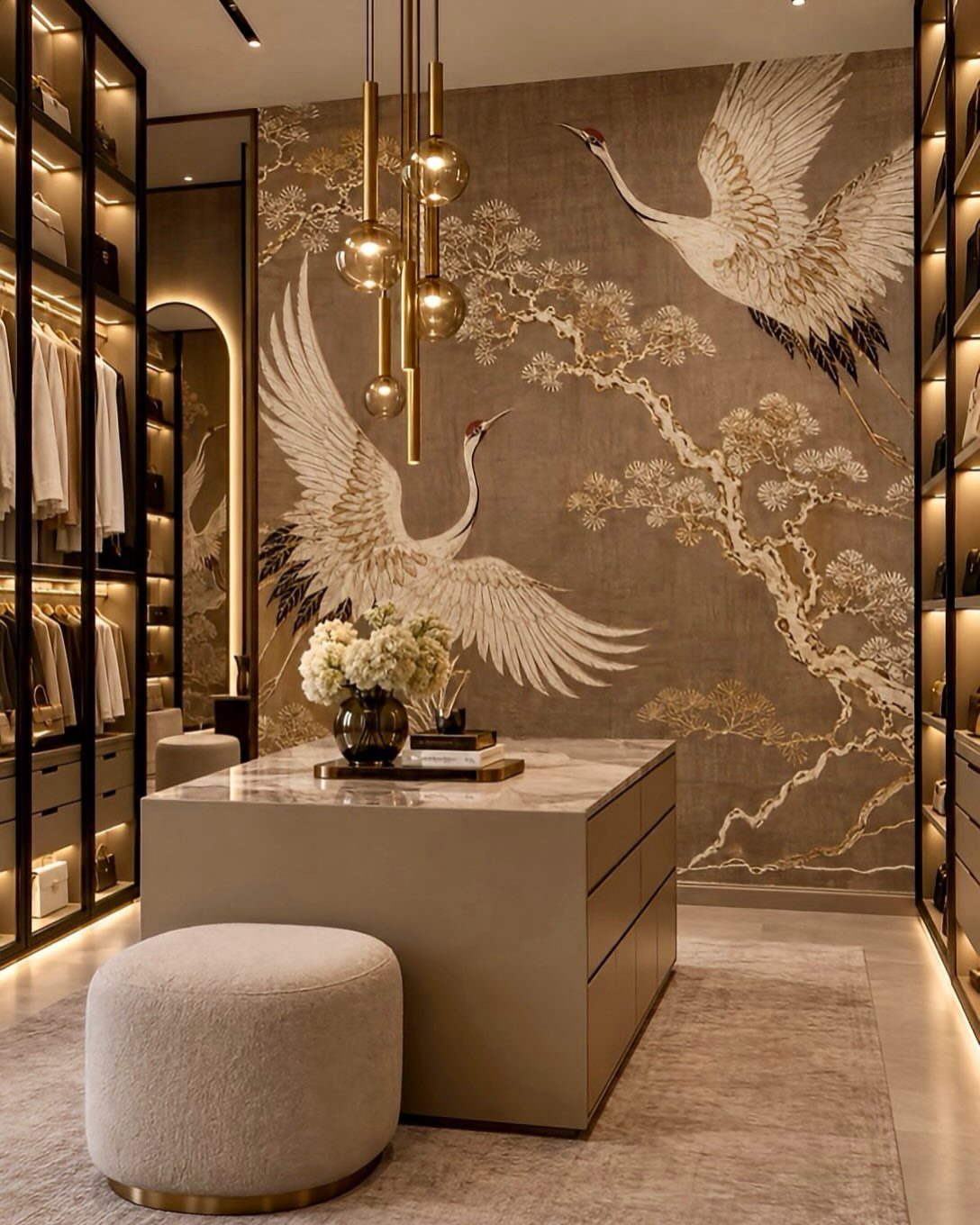 Large crane wall mural in a luxury walk-in closet with marble island.