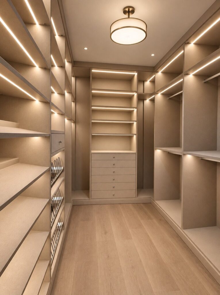 Modern walk-in closet with integrated LED shelf lighting and a circular ceiling lamp.
