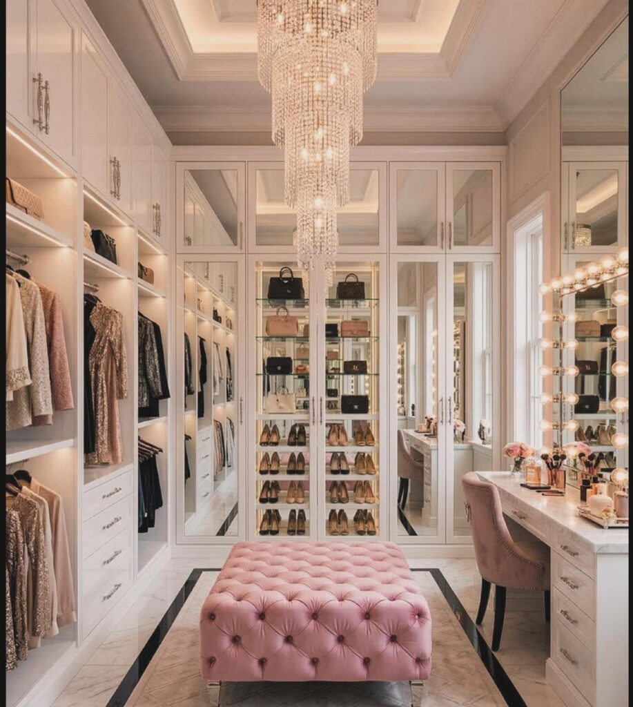 Luxurious walk-in closet featuring white cabinetry, a pink tufted ottoman, and a vanity.