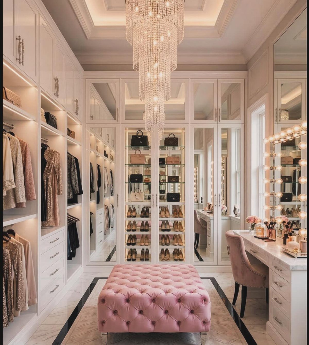 Luxurious walk-in closet featuring white cabinetry, a pink tufted ottoman, and a vanity.
