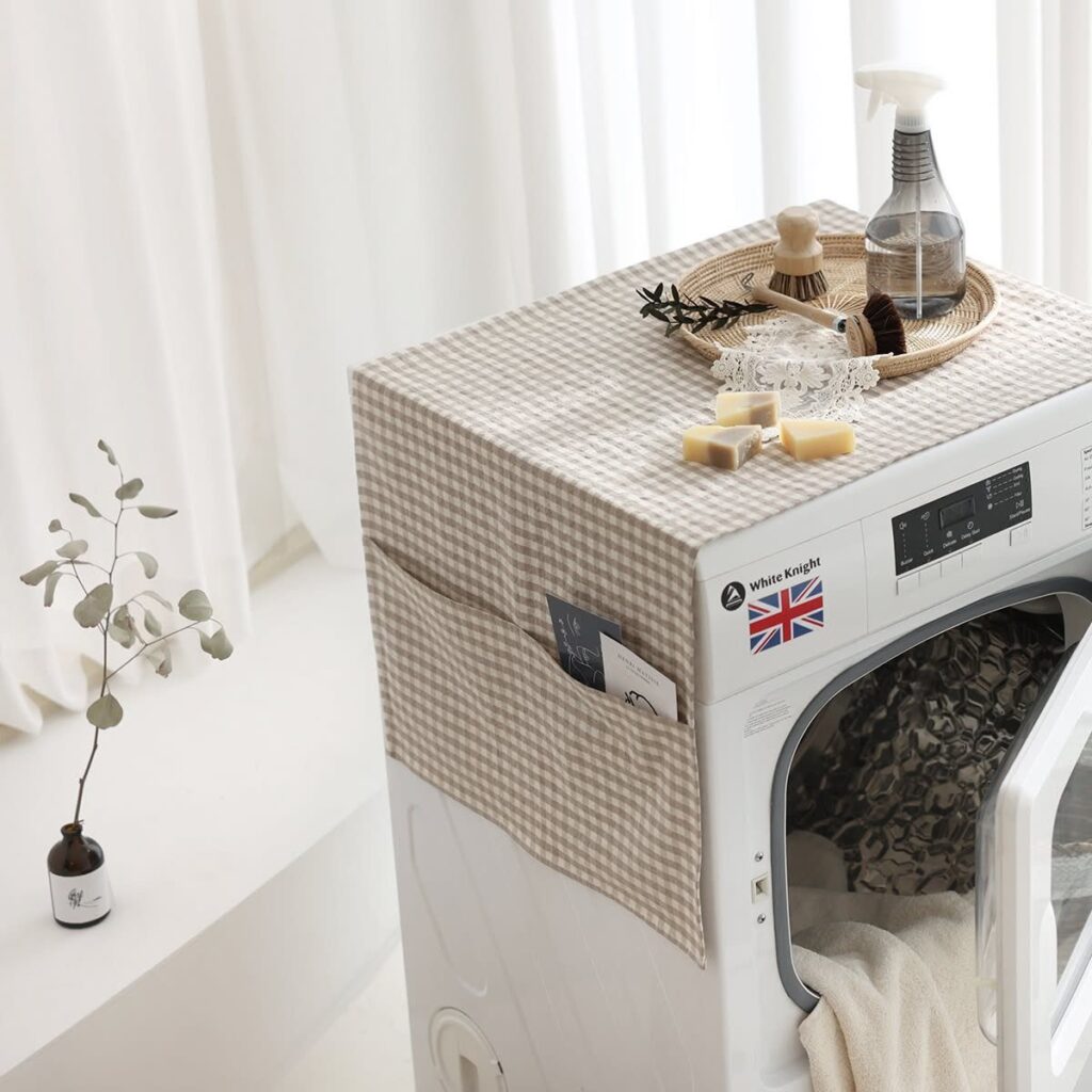 Gingham fabric cover on a white washing machine with cleaning supplies on top